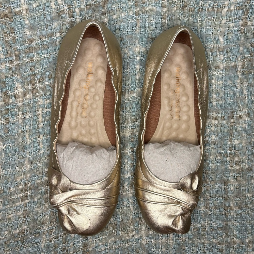 Walking Cradles Brielle Metallic Leather Flats in New Gold (Extra-Wide)